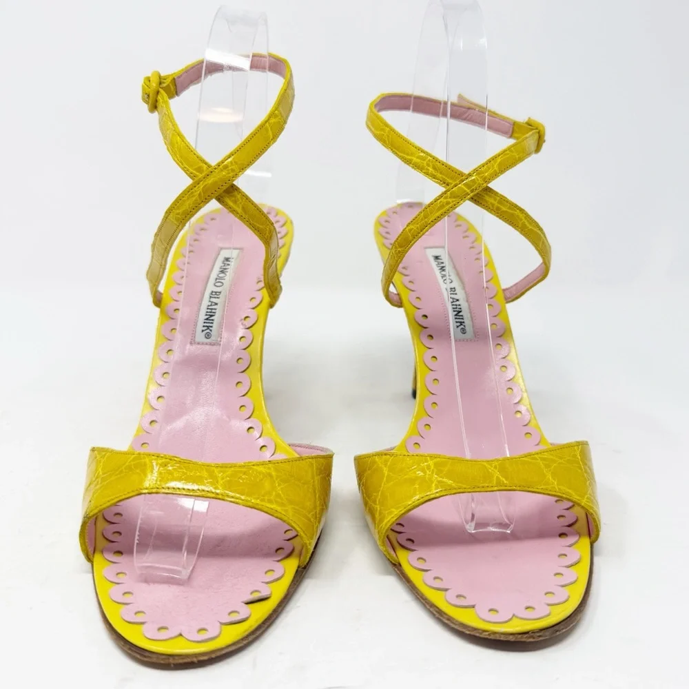 Manolo Blahnik Yellow Croc Embossed Strappy Sandals Pink Trim Womens Size EU 40